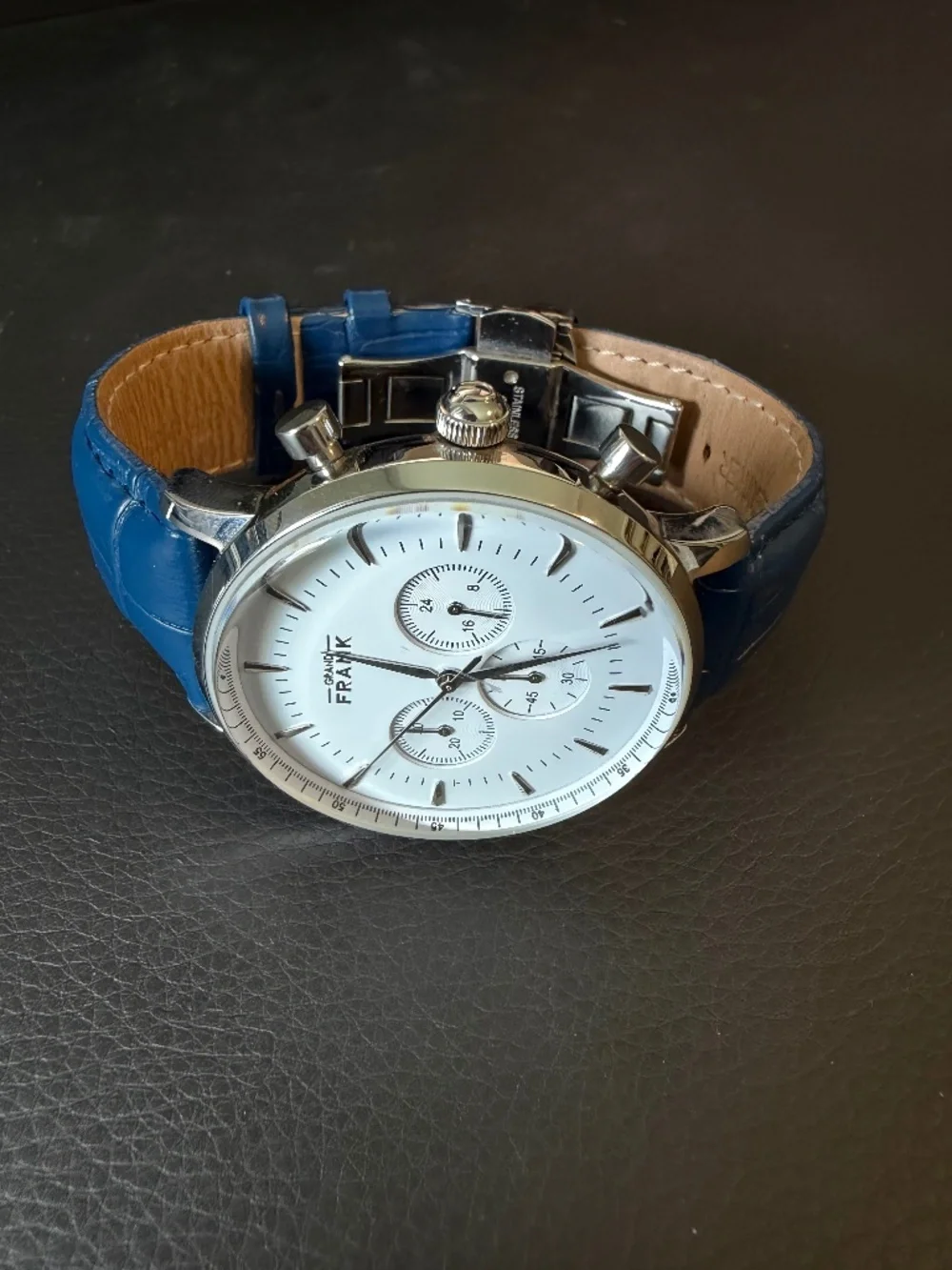 Grand Frank Quartz Montpellier White Chronograph Blue Leather Strap Watch